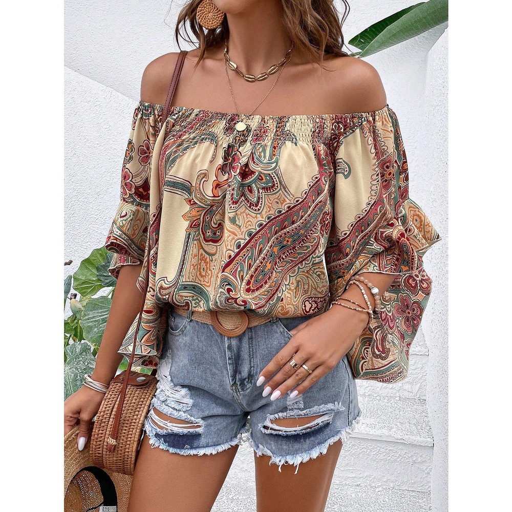 boho Paisley Print Off Shoulder Flounce long Sleeve Blouse